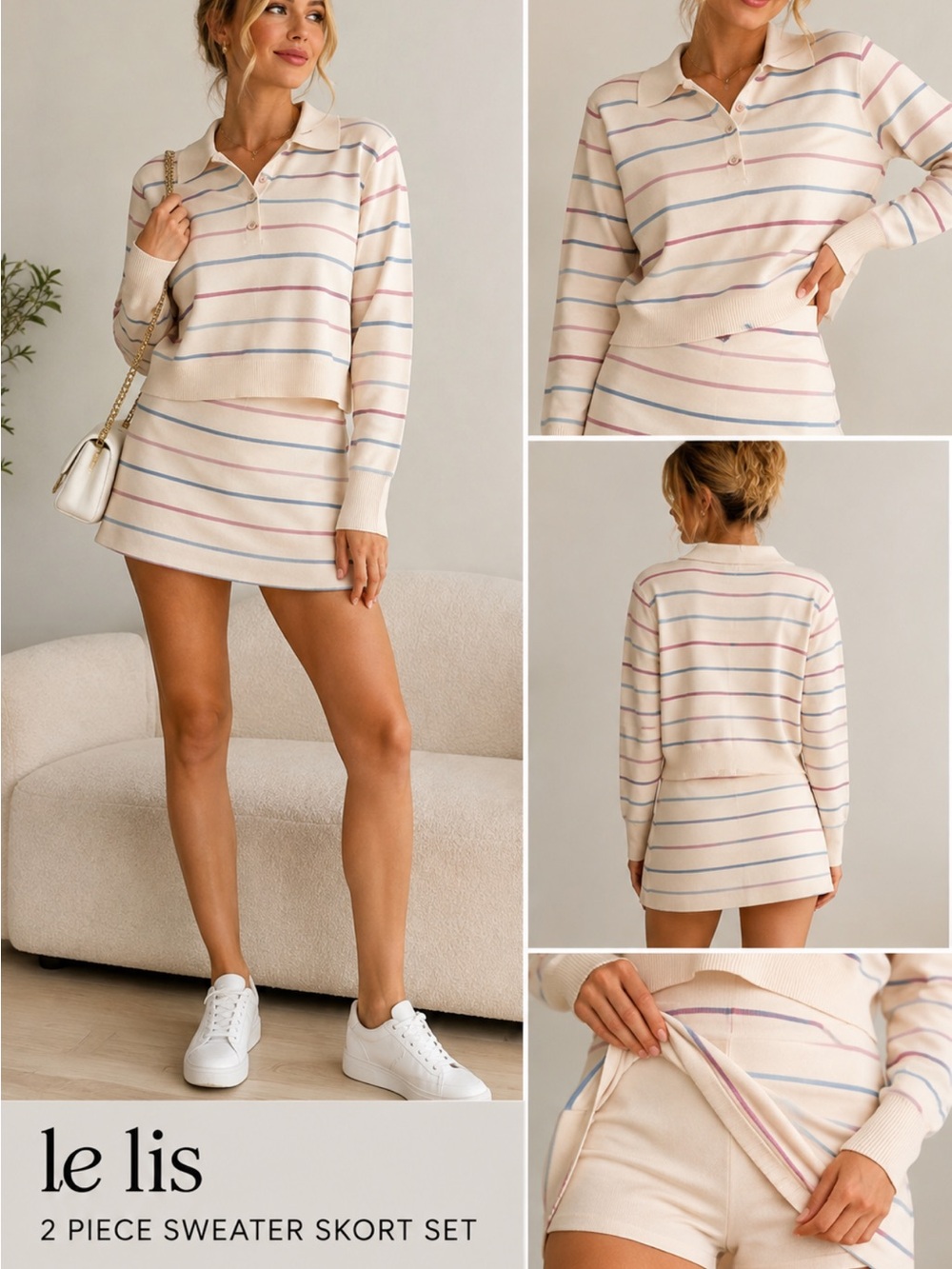 Le Lis Pink and Light Blue Striped Polo Top and skort set